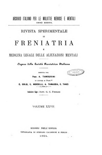 Rivista sperimentale di freniatria e medicina legale delle alienazioni mentali organo della Società freniatrica italiana