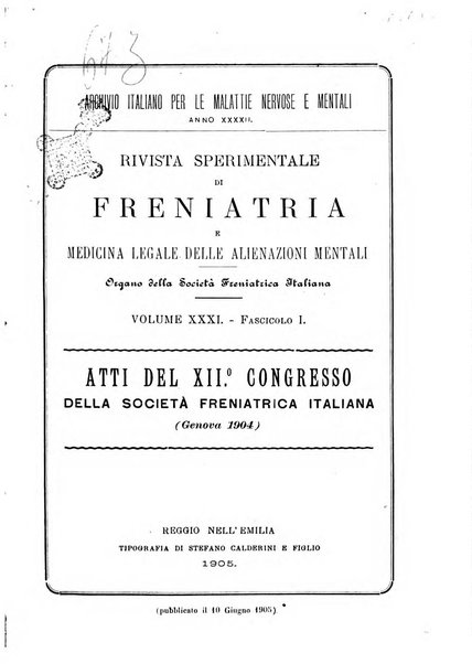 Rivista sperimentale di freniatria e medicina legale delle alienazioni mentali organo della Società freniatrica italiana