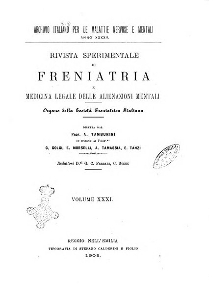 Rivista sperimentale di freniatria e medicina legale delle alienazioni mentali organo della Società freniatrica italiana