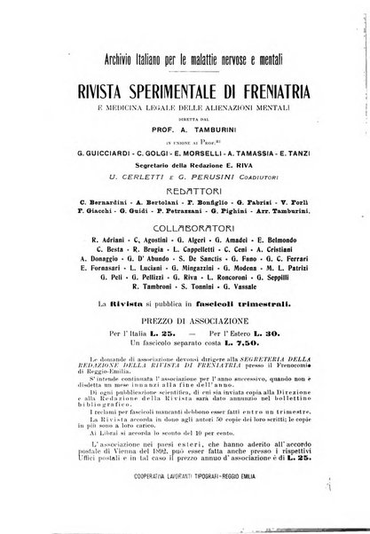 Rivista sperimentale di freniatria e medicina legale delle alienazioni mentali organo della Società freniatrica italiana