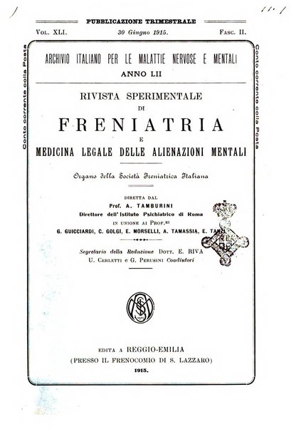 Rivista sperimentale di freniatria e medicina legale delle alienazioni mentali organo della Società freniatrica italiana