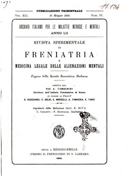 Rivista sperimentale di freniatria e medicina legale delle alienazioni mentali organo della Società freniatrica italiana