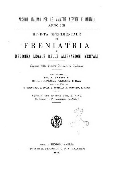 Rivista sperimentale di freniatria e medicina legale delle alienazioni mentali organo della Società freniatrica italiana