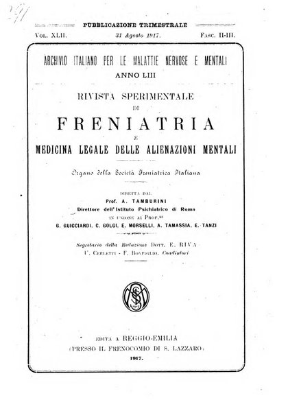 Rivista sperimentale di freniatria e medicina legale delle alienazioni mentali organo della Società freniatrica italiana