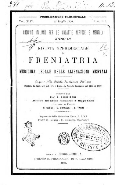 Rivista sperimentale di freniatria e medicina legale delle alienazioni mentali organo della Società freniatrica italiana