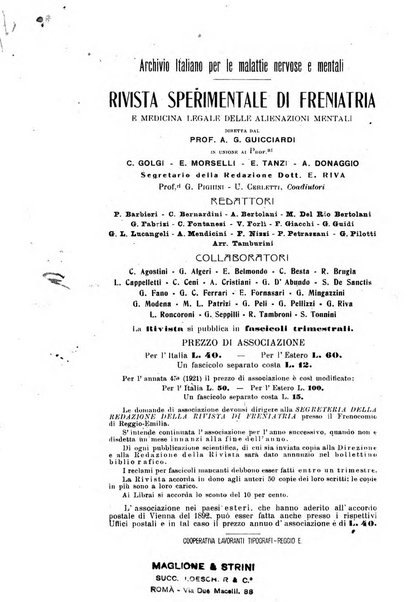 Rivista sperimentale di freniatria e medicina legale delle alienazioni mentali organo della Società freniatrica italiana