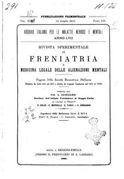 Rivista sperimentale di freniatria e medicina legale delle alienazioni mentali organo della Società freniatrica italiana