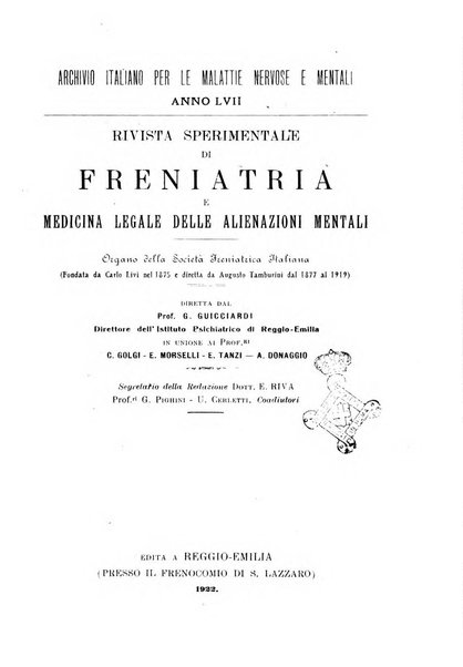 Rivista sperimentale di freniatria e medicina legale delle alienazioni mentali organo della Società freniatrica italiana