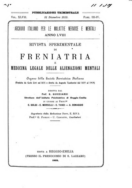 Rivista sperimentale di freniatria e medicina legale delle alienazioni mentali organo della Società freniatrica italiana