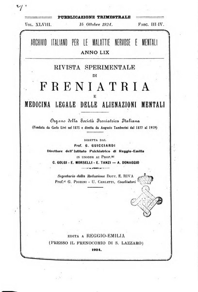 Rivista sperimentale di freniatria e medicina legale delle alienazioni mentali organo della Società freniatrica italiana