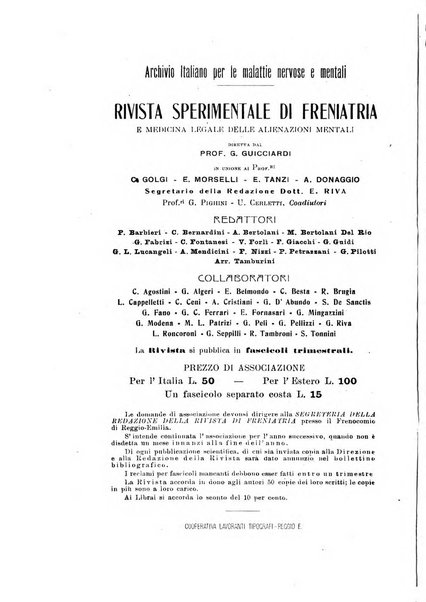 Rivista sperimentale di freniatria e medicina legale delle alienazioni mentali organo della Società freniatrica italiana