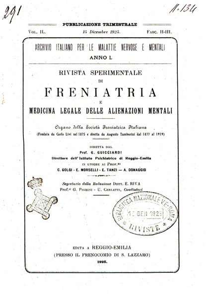 Rivista sperimentale di freniatria e medicina legale delle alienazioni mentali organo della Società freniatrica italiana