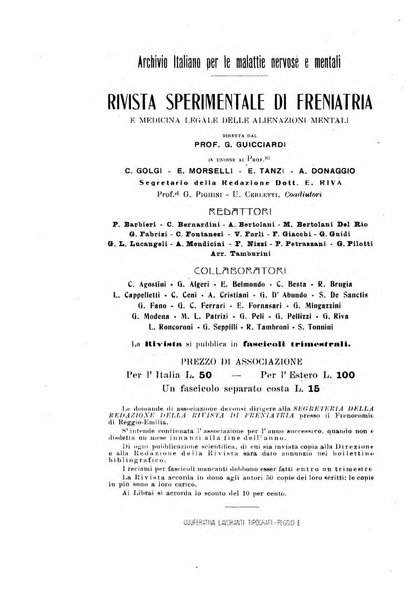 Rivista sperimentale di freniatria e medicina legale delle alienazioni mentali organo della Società freniatrica italiana