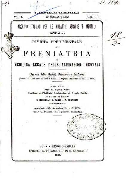 Rivista sperimentale di freniatria e medicina legale delle alienazioni mentali organo della Società freniatrica italiana