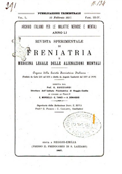 Rivista sperimentale di freniatria e medicina legale delle alienazioni mentali organo della Società freniatrica italiana