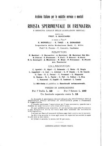 Rivista sperimentale di freniatria e medicina legale delle alienazioni mentali organo della Società freniatrica italiana