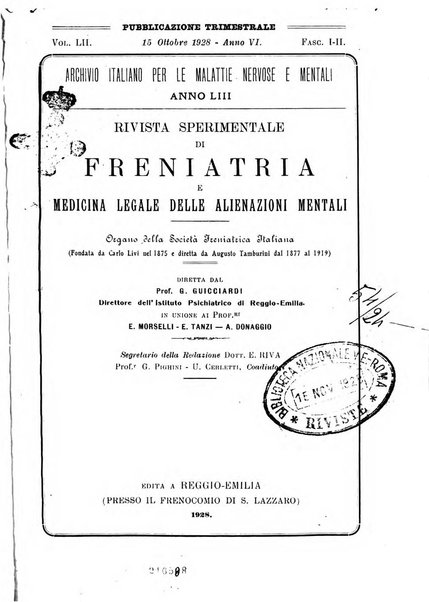 Rivista sperimentale di freniatria e medicina legale delle alienazioni mentali organo della Società freniatrica italiana