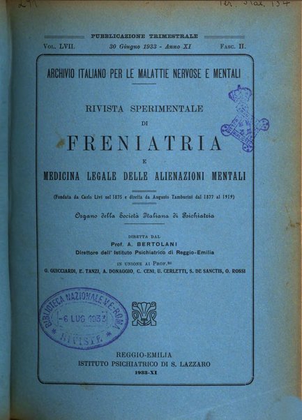 Rivista sperimentale di freniatria e medicina legale delle alienazioni mentali organo della Società freniatrica italiana