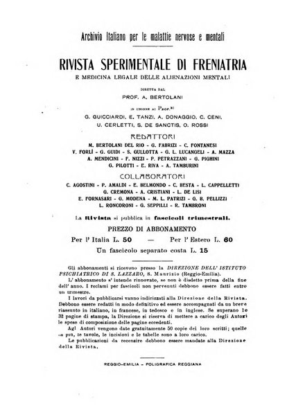 Rivista sperimentale di freniatria e medicina legale delle alienazioni mentali organo della Società freniatrica italiana