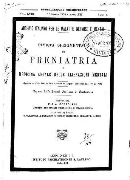 Rivista sperimentale di freniatria e medicina legale delle alienazioni mentali organo della Società freniatrica italiana