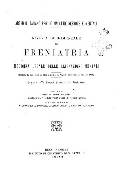 Rivista sperimentale di freniatria e medicina legale delle alienazioni mentali organo della Società freniatrica italiana