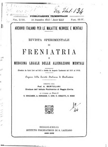 Rivista sperimentale di freniatria e medicina legale delle alienazioni mentali organo della Società freniatrica italiana