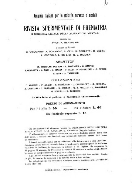 Rivista sperimentale di freniatria e medicina legale delle alienazioni mentali organo della Società freniatrica italiana