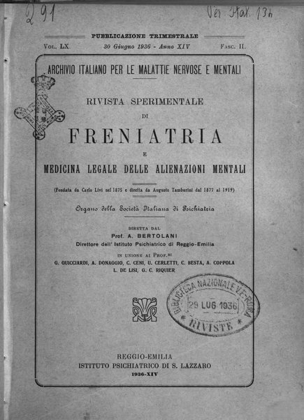 Rivista sperimentale di freniatria e medicina legale delle alienazioni mentali organo della Società freniatrica italiana