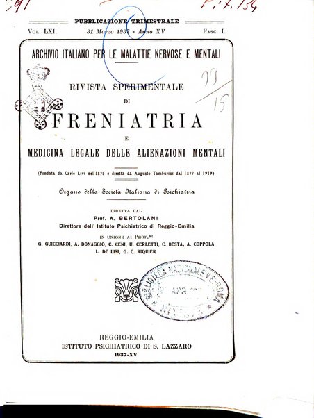 Rivista sperimentale di freniatria e medicina legale delle alienazioni mentali organo della Società freniatrica italiana