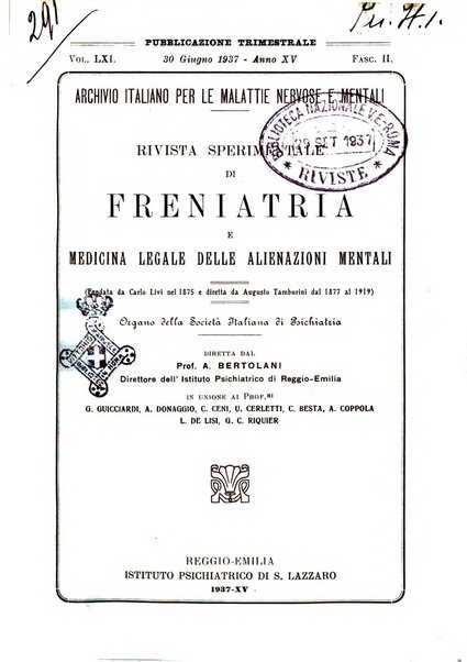 Rivista sperimentale di freniatria e medicina legale delle alienazioni mentali organo della Società freniatrica italiana