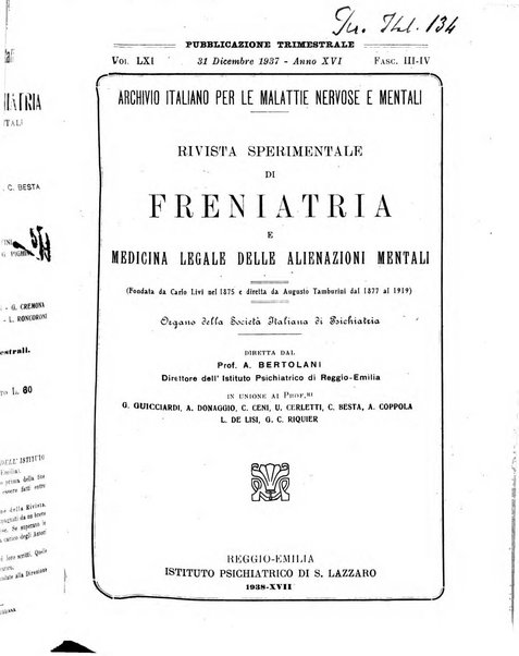 Rivista sperimentale di freniatria e medicina legale delle alienazioni mentali organo della Società freniatrica italiana