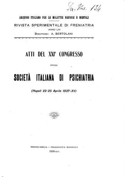 Rivista sperimentale di freniatria e medicina legale delle alienazioni mentali organo della Società freniatrica italiana