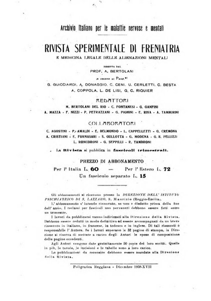 Rivista sperimentale di freniatria e medicina legale delle alienazioni mentali organo della Società freniatrica italiana