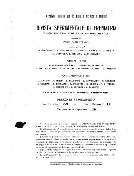 Rivista sperimentale di freniatria e medicina legale delle alienazioni mentali organo della Società freniatrica italiana