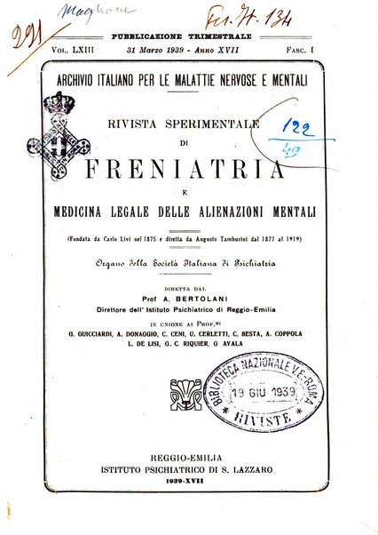 Rivista sperimentale di freniatria e medicina legale delle alienazioni mentali organo della Società freniatrica italiana