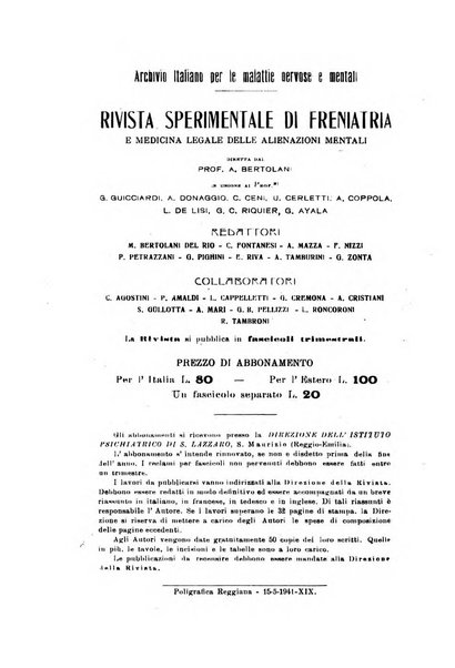 Rivista sperimentale di freniatria e medicina legale delle alienazioni mentali organo della Società freniatrica italiana