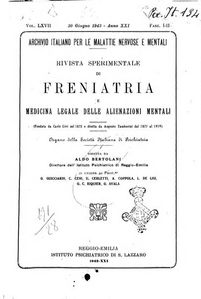 Rivista sperimentale di freniatria e medicina legale delle alienazioni mentali organo della Società freniatrica italiana