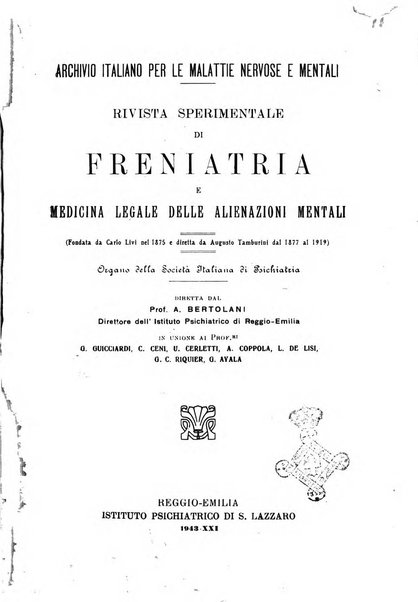 Rivista sperimentale di freniatria e medicina legale delle alienazioni mentali organo della Società freniatrica italiana