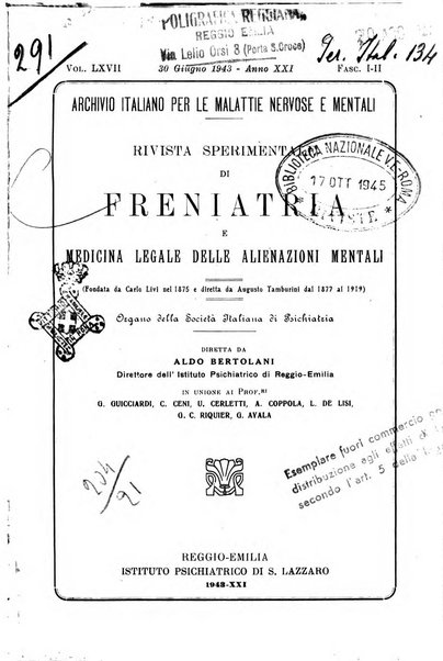 Rivista sperimentale di freniatria e medicina legale delle alienazioni mentali organo della Società freniatrica italiana