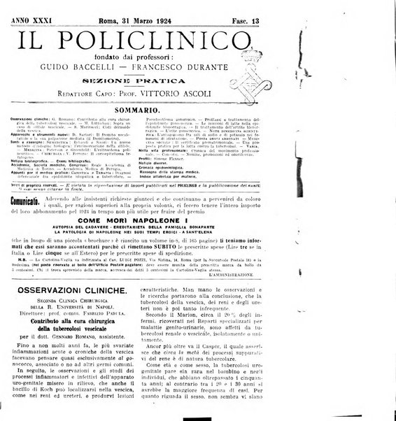 Il policlinico. Sezione pratica periodico di medicina, chirurgia e igiene