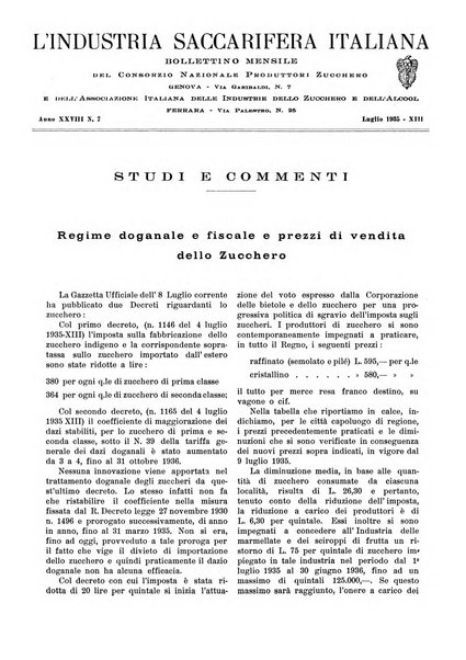 L'industria saccarifera italiana Bollettino mensile del Consorzio nazionale produttori zucchero e dell'Associazione italiana delle industrie dello zucchero e dell'alcool