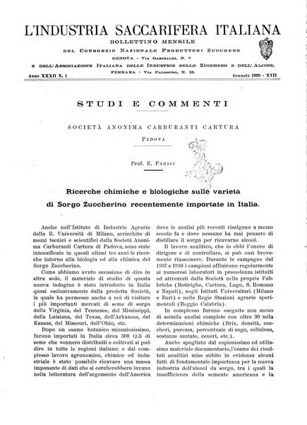 L'industria saccarifera italiana Bollettino mensile del Consorzio nazionale produttori zucchero e dell'Associazione italiana delle industrie dello zucchero e dell'alcool