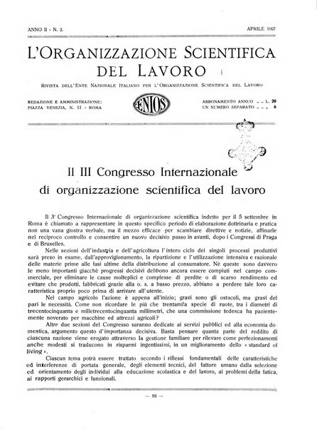 L'organizzazione scientifica del lavoro rivista dell'Ente nazionale italiano per l'organizzazione scientifica del lavoro