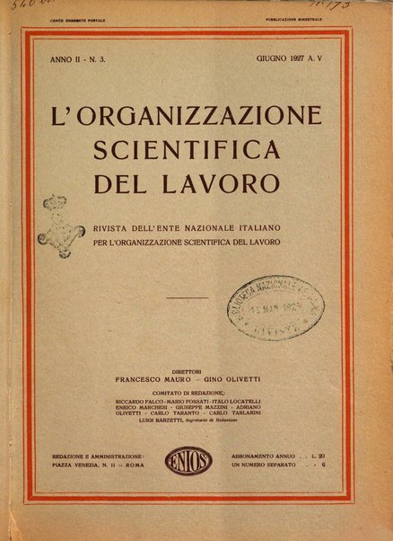 L'organizzazione scientifica del lavoro rivista dell'Ente nazionale italiano per l'organizzazione scientifica del lavoro