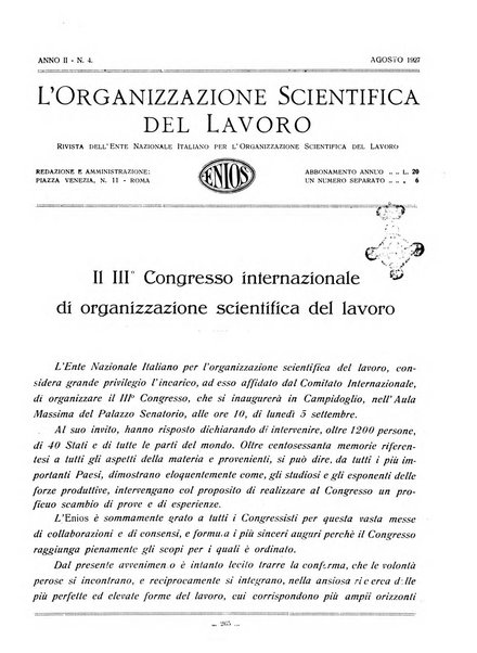 L'organizzazione scientifica del lavoro rivista dell'Ente nazionale italiano per l'organizzazione scientifica del lavoro