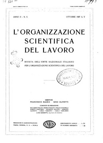 L'organizzazione scientifica del lavoro rivista dell'Ente nazionale italiano per l'organizzazione scientifica del lavoro