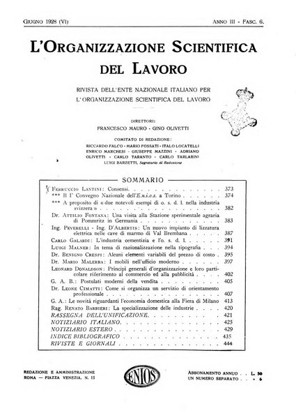 L'organizzazione scientifica del lavoro rivista dell'Ente nazionale italiano per l'organizzazione scientifica del lavoro