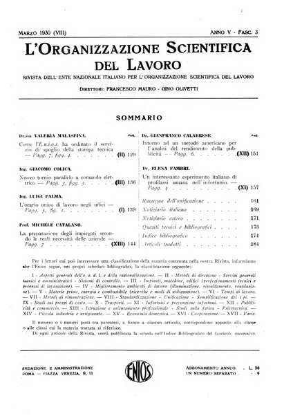 L'organizzazione scientifica del lavoro rivista dell'Ente nazionale italiano per l'organizzazione scientifica del lavoro