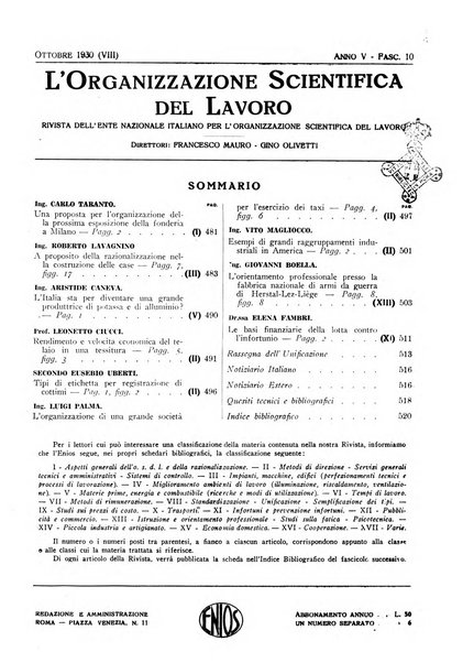 L'organizzazione scientifica del lavoro rivista dell'Ente nazionale italiano per l'organizzazione scientifica del lavoro