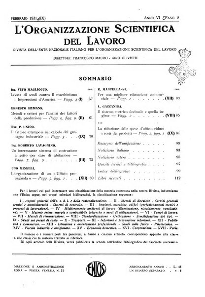 L'organizzazione scientifica del lavoro rivista dell'Ente nazionale italiano per l'organizzazione scientifica del lavoro